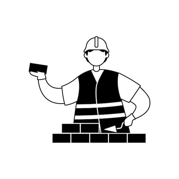 Vector illustration of a male builder in a helmet laying a brick Outline