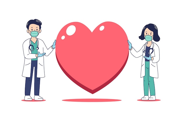 Vector illustration male and female doctor with big heart for design.