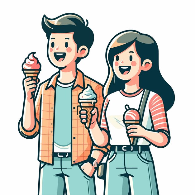 Vector vector illustration of a male and female eating ice cream