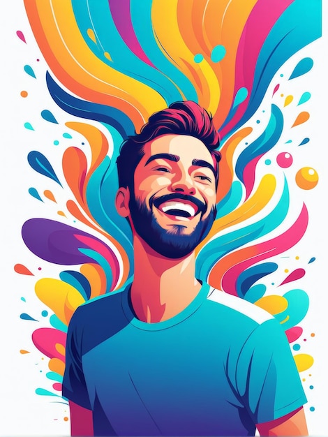 Vector vector illustration of a man in blue t shirt and with colorful brush