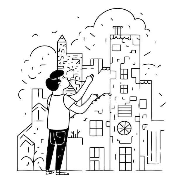 Vector illustration of a man building a city Flat line art design