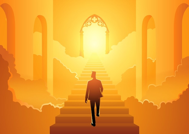 Vector illustration of a man climbing the stairs to heavens gate