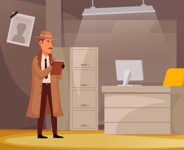 Vector vector illustration of man detective in a coat and hat investigating