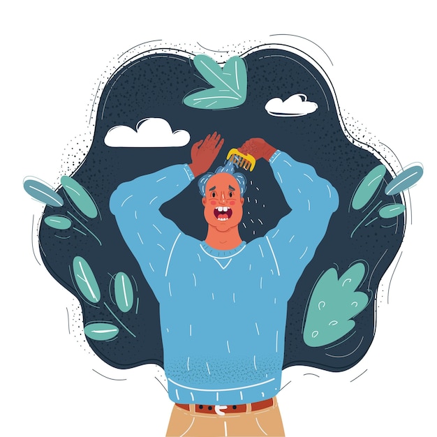 Vector vector illustration of man holding comb looking at loss hair