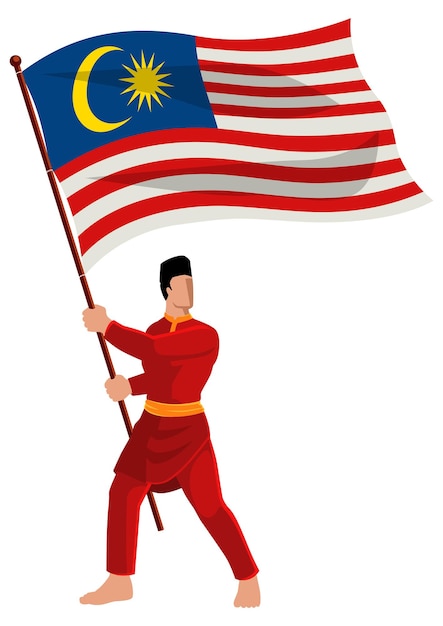 Vector illustration of a man in malay traditional costume holding the flag of Malaysia