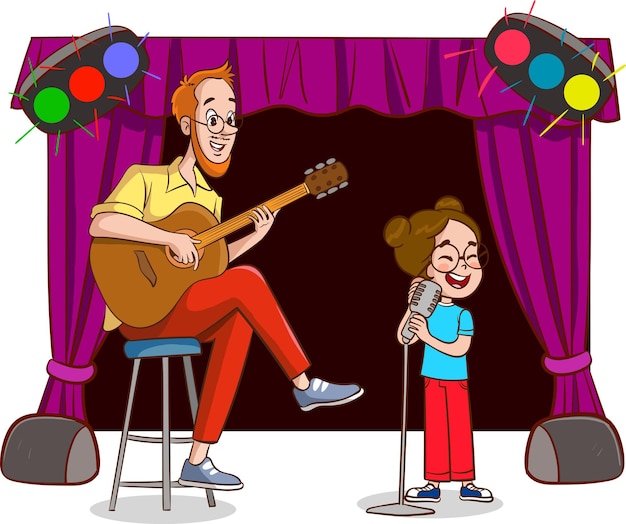 vector illustration of man playing guitar and singing kids