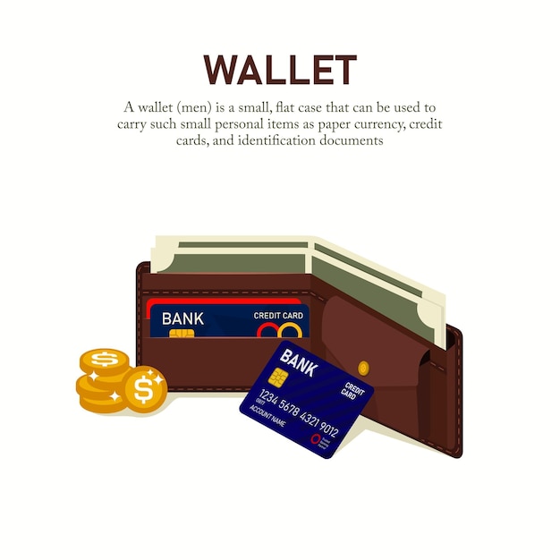 Vector vector illustration of a man's wallet containing money credit cards coins and identity cards