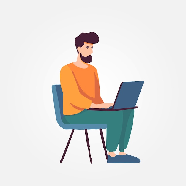 vector illustration man sitting working with laptop on his lap