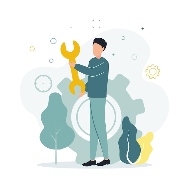 Vector vector illustration a man stands with a wrench in his hands near a big gear on a background of wood leaves target