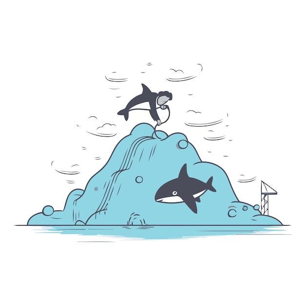 Vector vector illustration of a man swimming on a rock with a shark