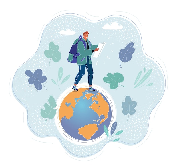 Vector illustration of man walking on earth globe with world map in his hands on blue background