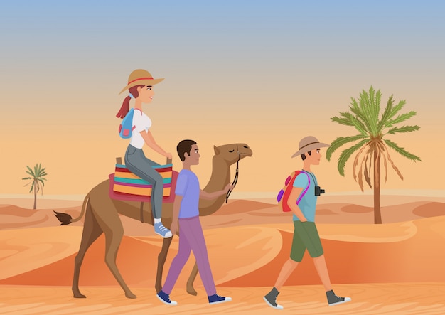 Vector vector illustration of man walking with guide and woman riding camel in desert.