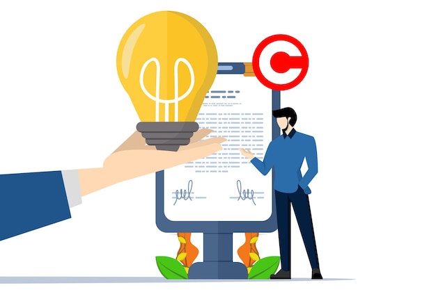 vector illustration of Man with light bulb and legal certificate for intellectual property concept