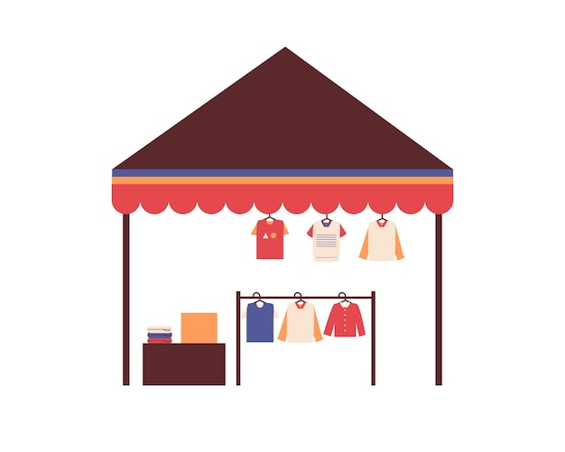 Vector illustration of a market stall with clothes on hangers in flat style