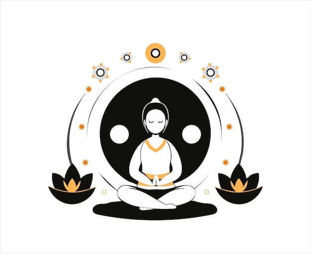 Vector illustration of meditating buddha with yinyang symbol and lotus flowers