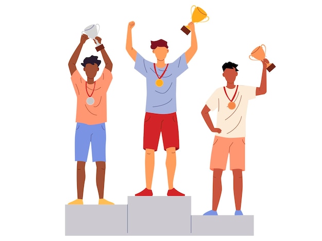 Vector illustration of men stand on the award winners podium and hold the winners cups