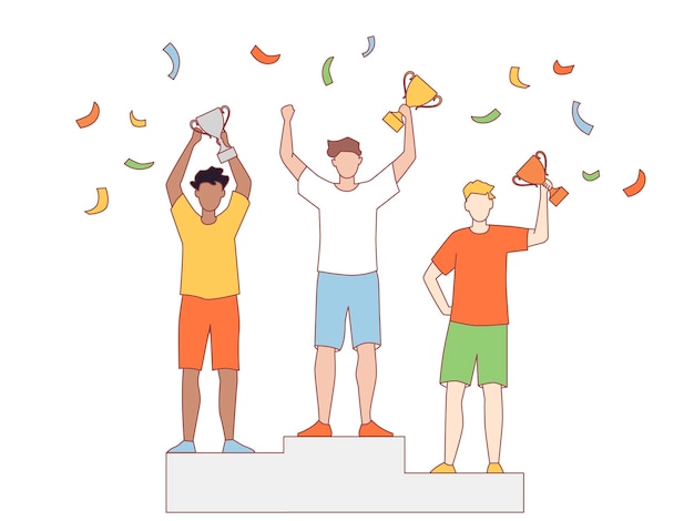 Vector illustration of men stand on the award winners podium and hold the winners cups