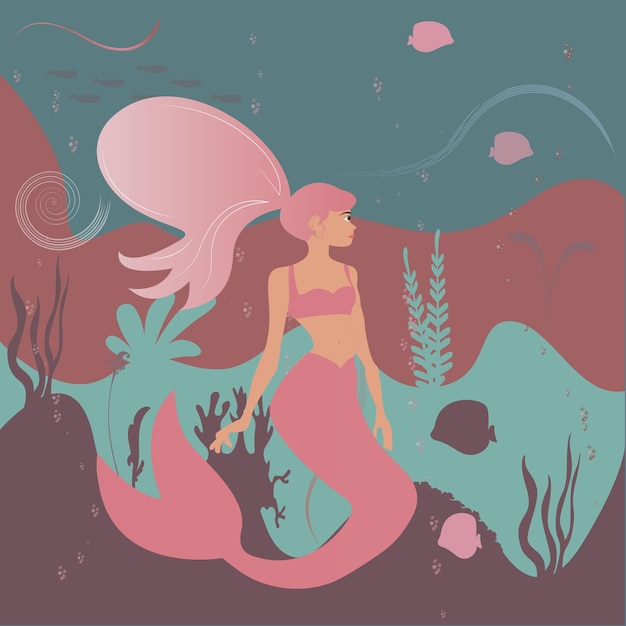 vector illustration of mermaid with a seascape background under the surface of the water