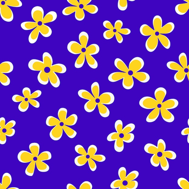 Vector illustration of minimalist style bright yellow flowers forming seamless pattern on purple background