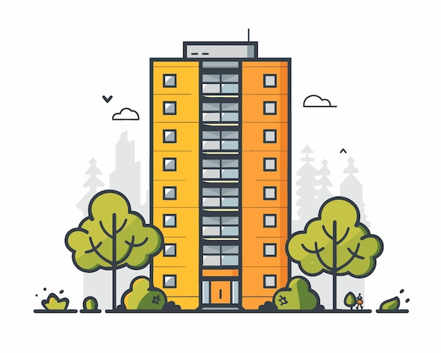 Vector vector illustration of a modern apartment building on a background of green trees