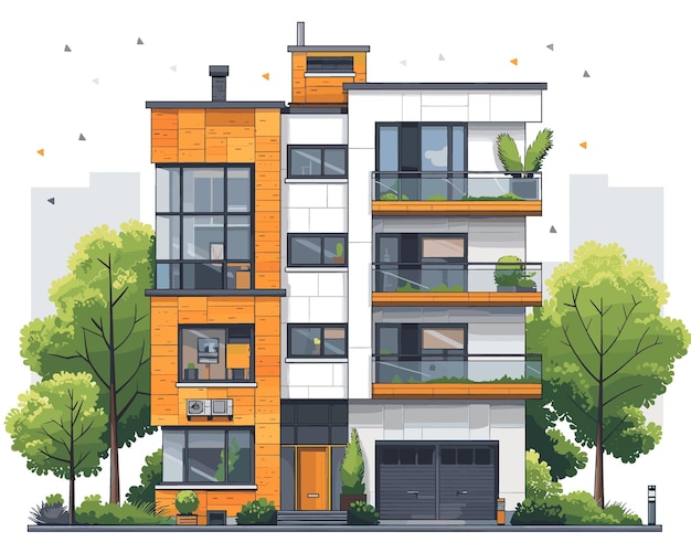 Vector vector illustration of a modern apartment building on a background of green trees