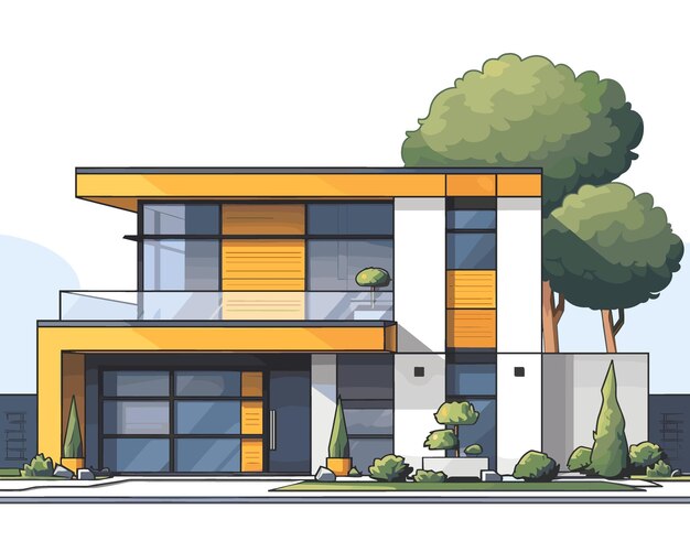 Vector vector illustration of a modern apartment building on a background of green trees