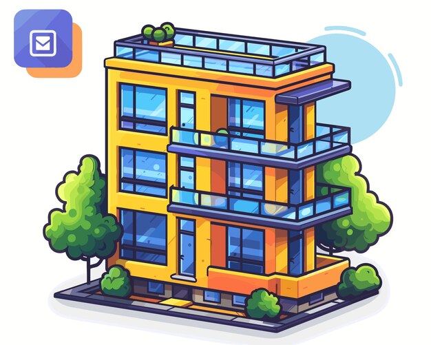 Vector vector illustration of a modern apartment building on a background of green trees