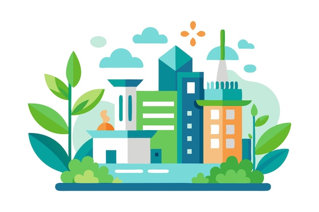 Vector vector illustration of a modern cityscape surrounded by greenery with buildings smokestacks