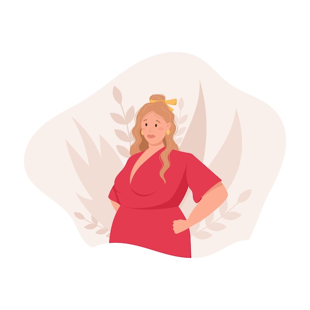 Vector illustration of a modern fashionable plump woman in a red dress