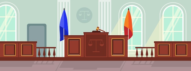 Vector vector illustration of modern interior law court cartoon interior with flags judge and jury table gavel