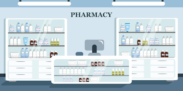 Vector illustration of modern interior pharmacies Cartoon interior with rack computer ointments drops