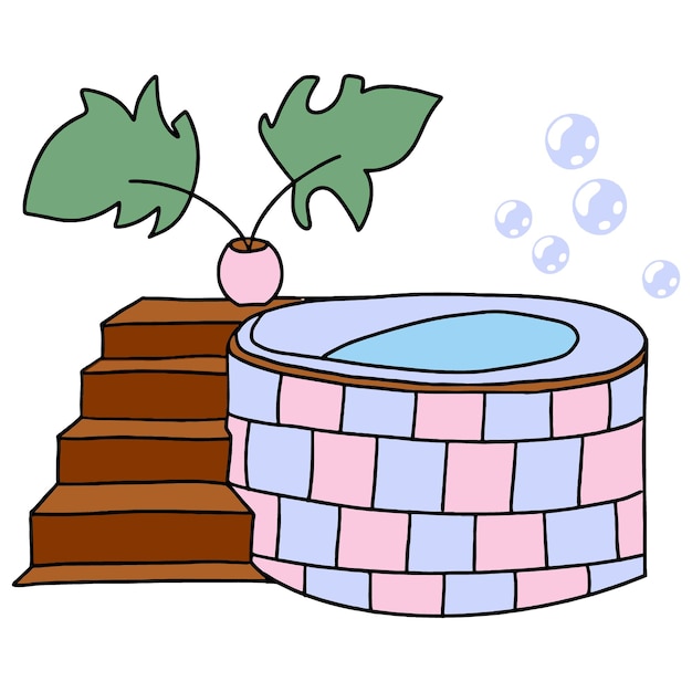 Vector illustration modern jacuzzi with tiled tiles and dotted flowers