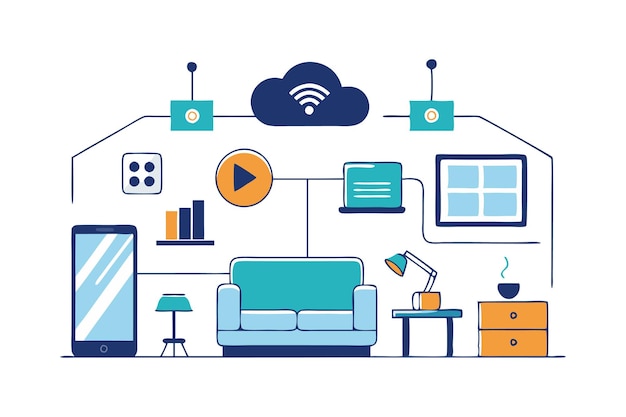 Vector illustration of a modern living room setup with connected devices and smart technology representations in a home environment