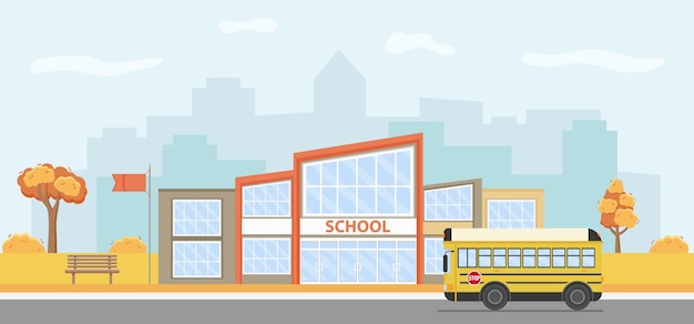 Vector illustration of a modern school building with a school bus.