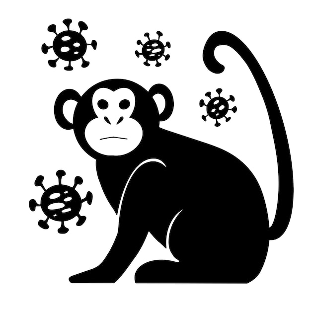 Vector illustration of monkey icon with virus cells on dark background new Monkeypox 2022 virus