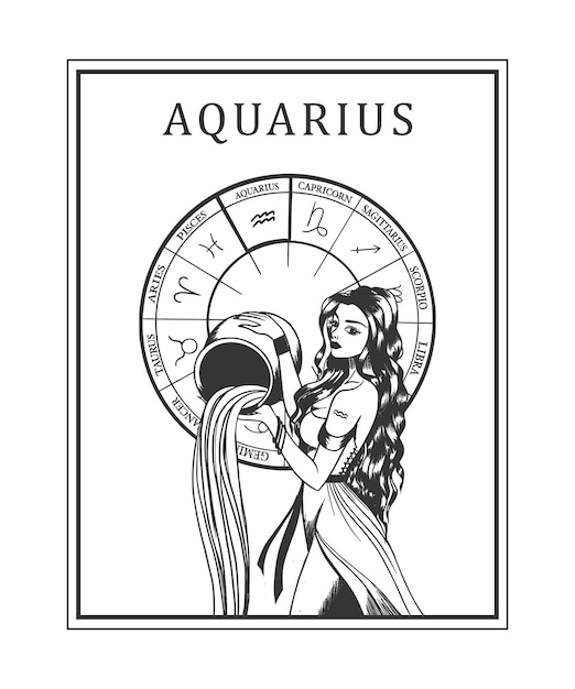 Vector illustration of monochrome card with astrological sign and romantic beauty woman on a white isolated background Zodiac symbol art