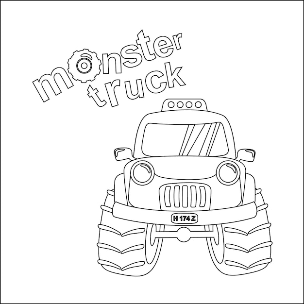 Vector illustration of monster truck with cartoon style colouring book or page