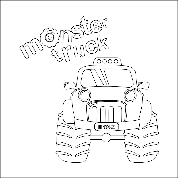 Vector illustration of monster truck with cartoon style colouring book or page