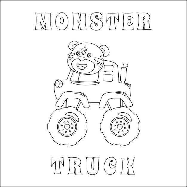 Vector illustration of monster truck with cartoon style colouring book or page