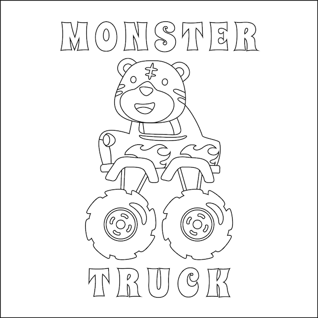 Vector illustration of monster truck with cartoon style colouring book or page