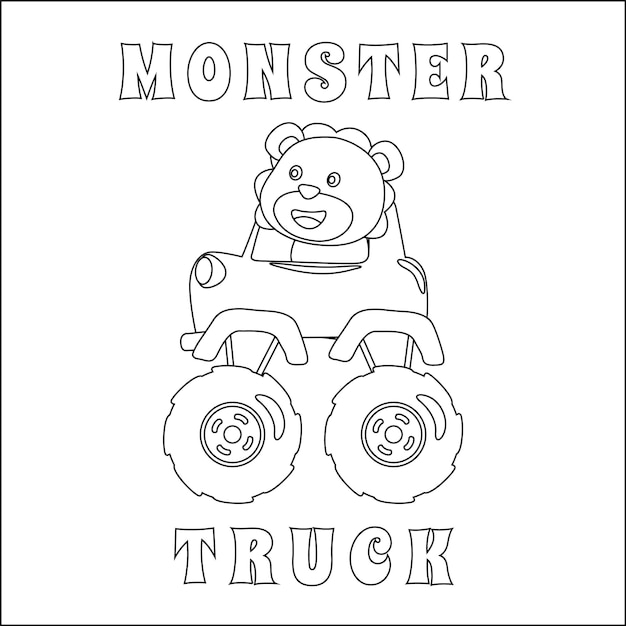 Vector illustration of monster truck with cartoon style colouring book or page