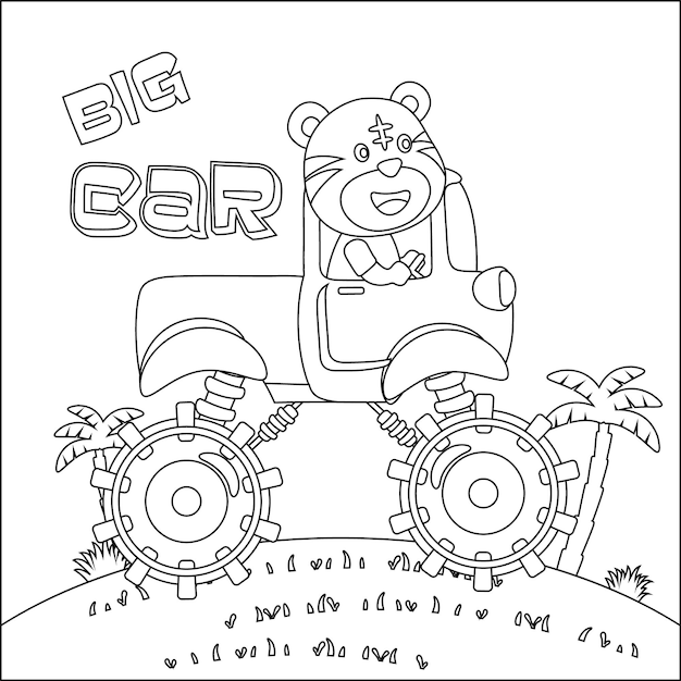 Vector illustration of monster truck with cute animal driver colouring book or page