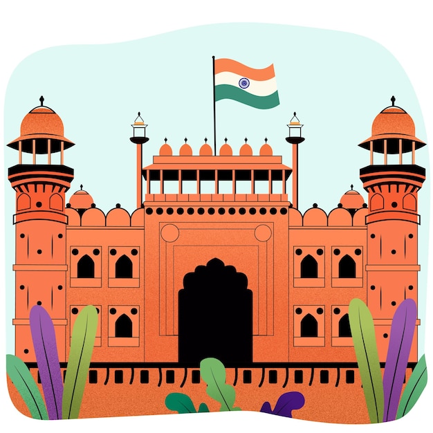 Vector vector illustration of the monument in india red fort in delhi with the national flag flying above