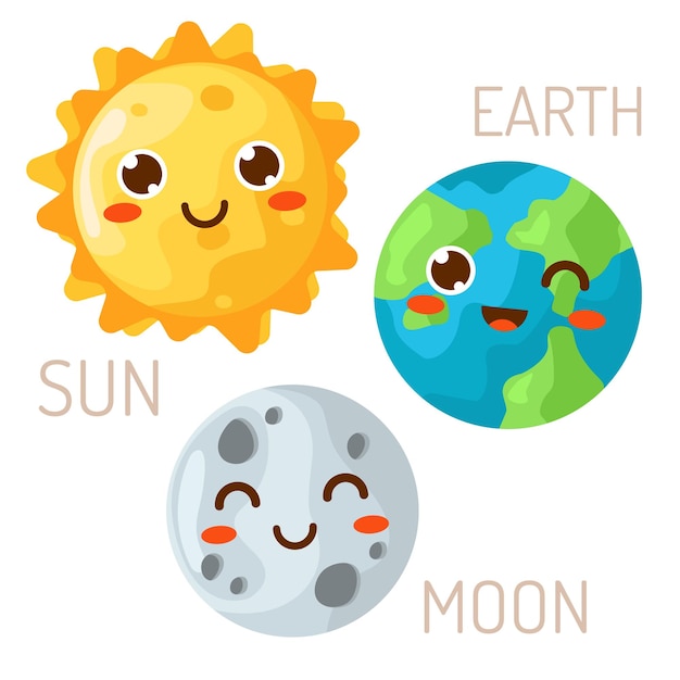 Vector illustration of the moon sun and planet Earth in the style of kawaii for children