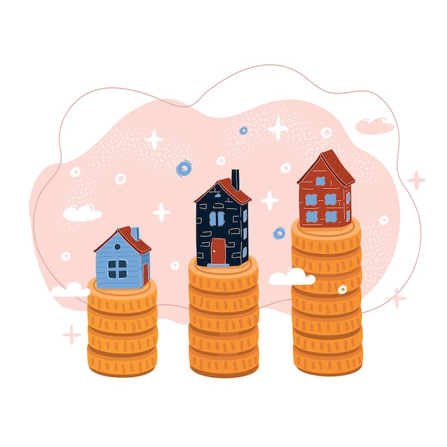 Vector vector illustration of mortgage concept three house on stack of gold coins