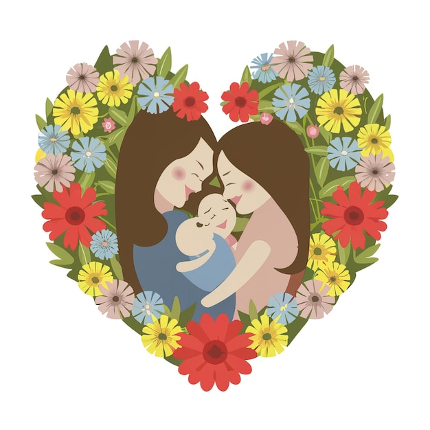 Vector vector illustration for a mother and baby in a garden of colorful flowers inside a heart shape