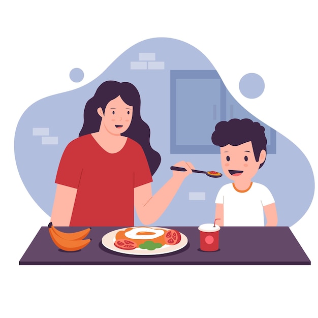 Vector illustration of mother feeds her child