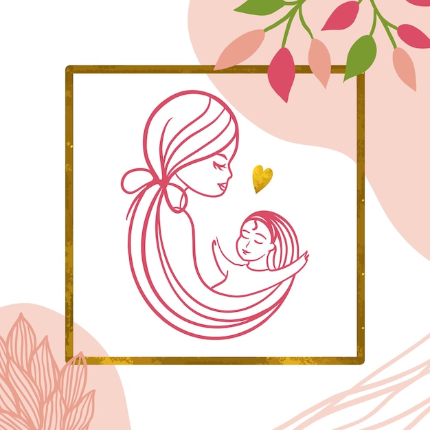 Vector illustration of a mother holding her baby daughter in her arms Happy Mother's Day greeting card