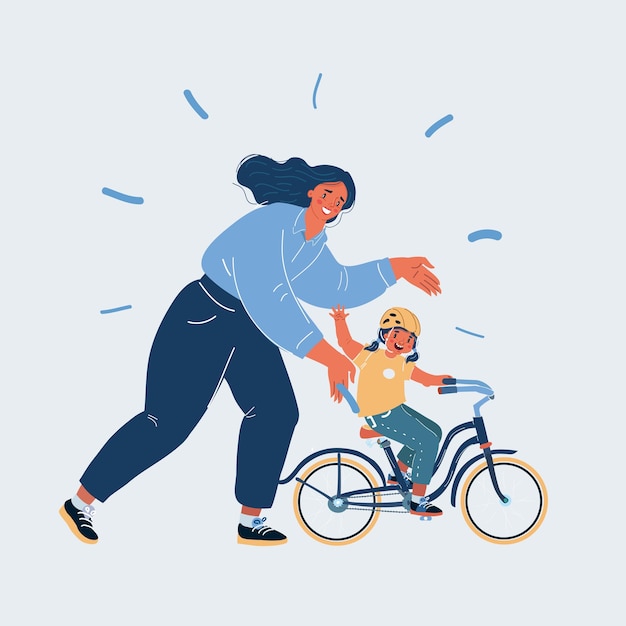 Vector illustration of Mother teaching girl to ride the bike on white background