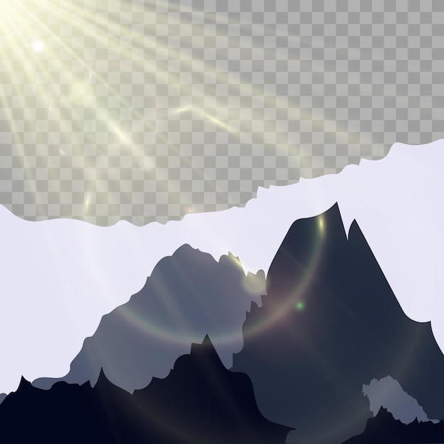 Vector illustration of a mountain landscape with sun. Sunrise and sunset in the mountains.